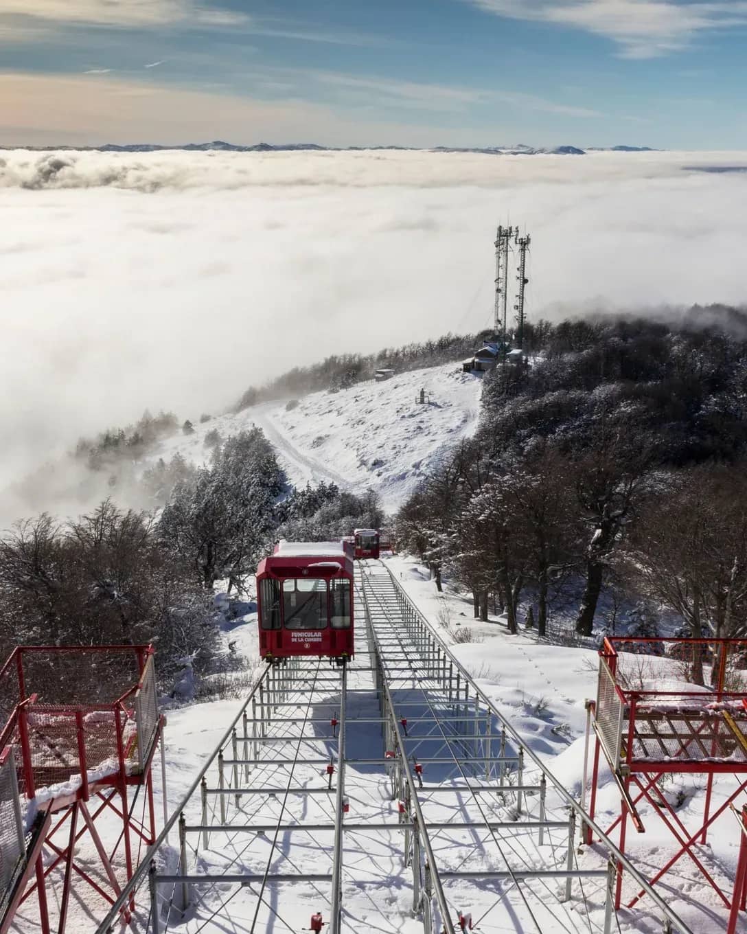 Vista superior del funicular con fondo nevado y un colchon de nubes de fondo