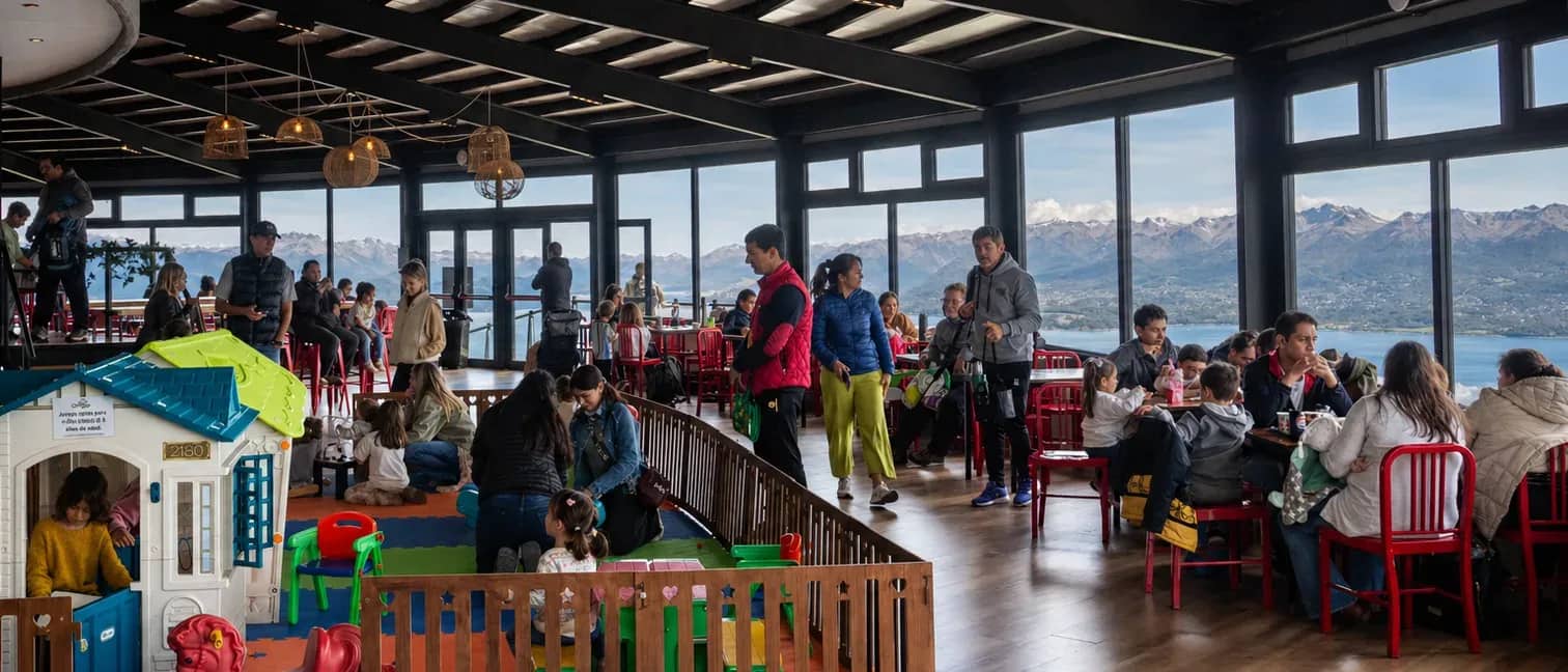 Patio de comidas con personas comiendo y admirando el paisaje panoramico del lago Nahuel Huapi